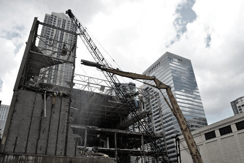 Heneghan Wrecking equipment in Chicago's downtown loop area